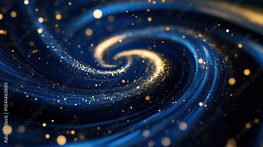 Poster blue and gold particle vortex with dynamic swirl and wind blowing effect in motion for artistic back