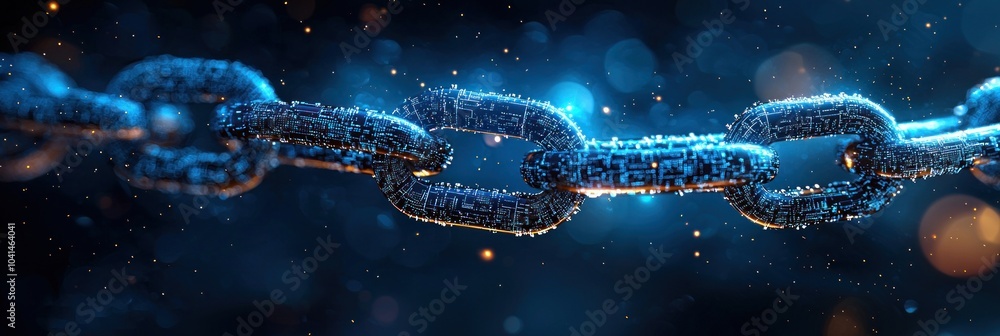 Poster a chain of interconnected digital links glowing blue with sparkles