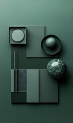 Abstract green geometric shapes and spheres.