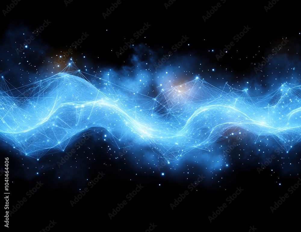 Poster abstract blue glowing wave with connected dots and lines on a dark background.