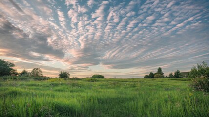 Obraz premium A serene sunset casting golden light over a lush green field in a tranquil countryside village