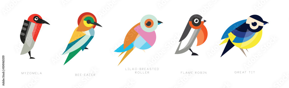Poster different bird flat icon with name vector set