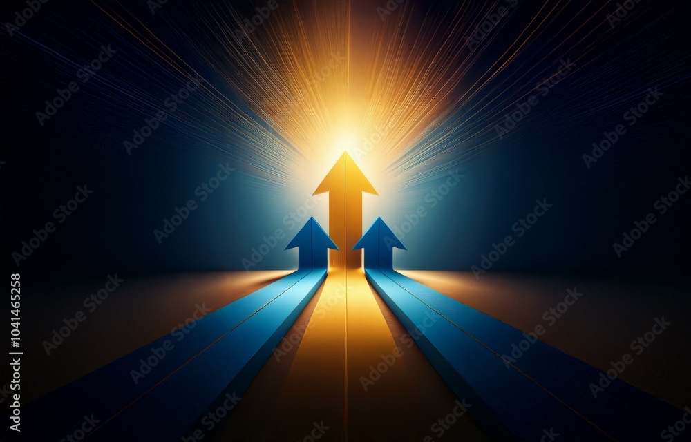 Poster three arrows point upwards towards a bright light at the end of a dark path.