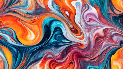 Fototapeta premium Immersive Abstract Fluid Art Featuring a Beautifully Chaotic Mix of Swirling Colors, Blending Fiery Reds, Cool Blues, and Bright Oranges into a Stunn (72)