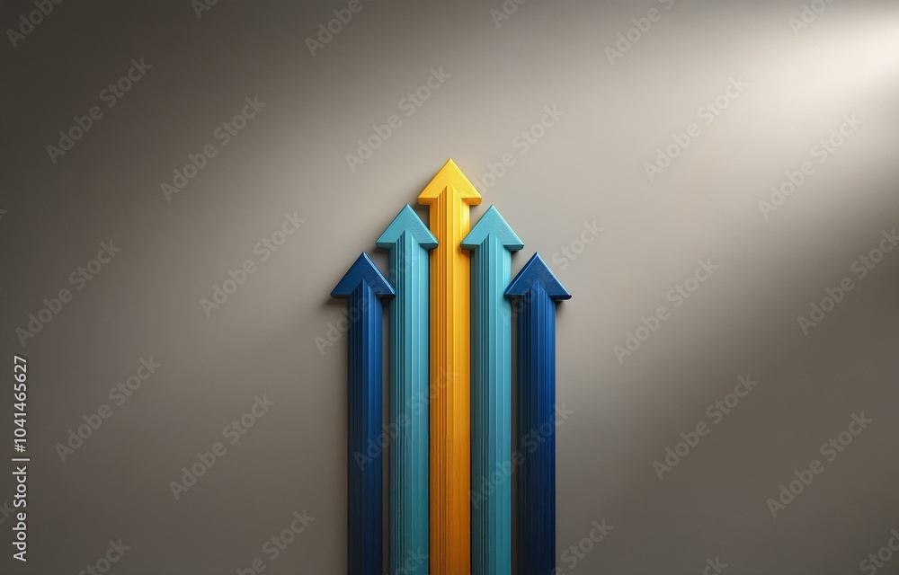 Poster five arrows pointing upwards against a gray background with a single yellow arrow in the middle.