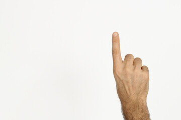 Number one, hand pointing up with index finger, isolated on a white background. Space for text.