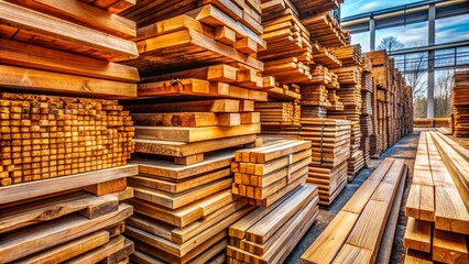 Fototapeta premium High-Quality Wooden Planks in a Lumberyard - Neatly Stacked Wood for Construction, Timber, and Carpentry Projects - Rustic Natural Textures and Warm Tones for Home Decor and Design Inspiration