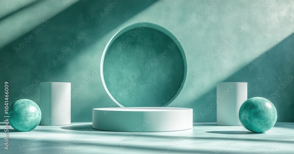 Poster minimalist stage design with three white cylinders and teal sphere in modern geometric setting with 
