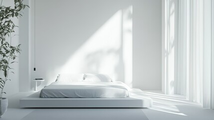 Fototapeta premium Minimalist bedroom with clean lines and modern furniture, no people, space for copy text