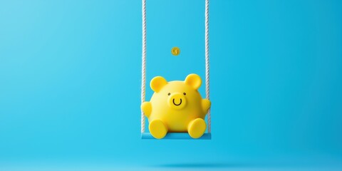 A yellow teddy bear is sitting on a swing. The swing is suspended in the air and the bear is smiling
