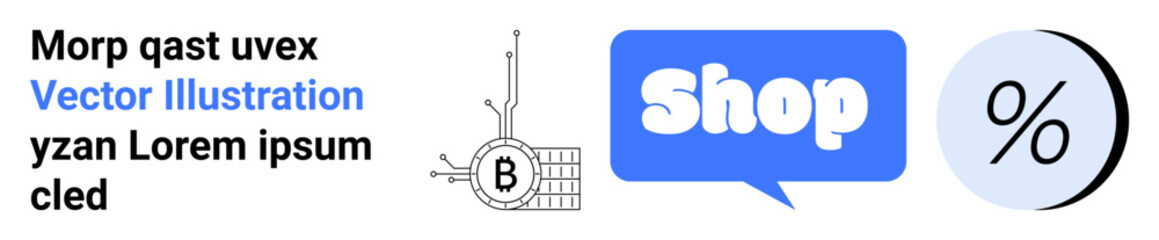 Bitcoin symbol with circuit elements, a speech bubble containing the word Shop, and a circular percentage sign. Ideal for e-commerce, cryptocurrency, online shopping, discount promotions, and digital