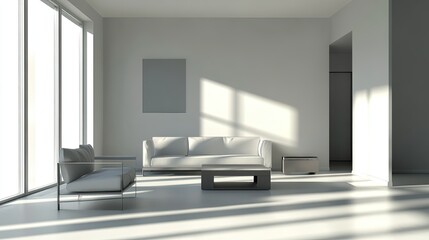 Fototapeta premium Minimalist living room with sleek furniture and modern design, no people, room for copy text