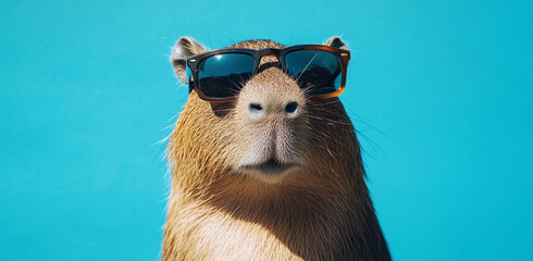 Capibara con gafas de sol sobre un fondo azul. Concepto creativo de retrato animal, fotografía detallada, fotografía de alta resolución, gradación de color profesional, sombras suaves, bajo contraste,