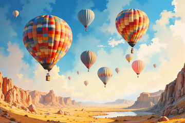 Obraz premium Hot air balloons flying over monument valley at sunset