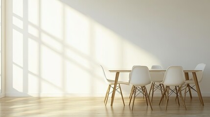 Minimalist modern dining room with sleek table and chairs, no people, ample space for copy text