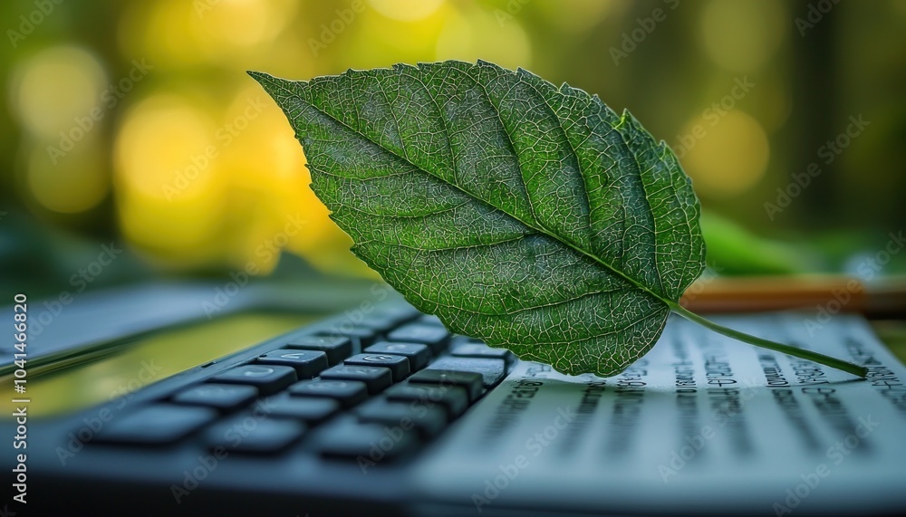 Poster a single green leaf resting on a calculator keyboard