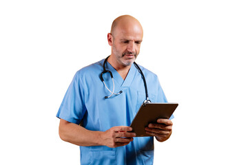 A doctor holding a tablet on a white background.