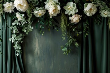 Urban Minimalist style muted olive studio backdrop with a matte finish, dark green curtains with modern draping, featuring clusters of white peonies and trailing succulents