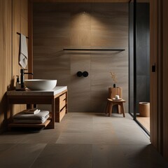 Minimalist bathroom with wood accents and a sliding glass door leading to an outdoor patio.