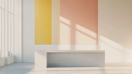 Fototapeta premium Minimalist office interior with clean desk and abstract wall art, no people, space for copy text