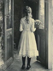 Obraz premium A girl dressed in a white lace dress stands in the doorway of a summer country house with a bouquet of wild flowers. Vintage photograph from the early 20th century.