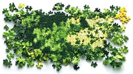 Green puzzle with nature-themed pieces scattered across a white background