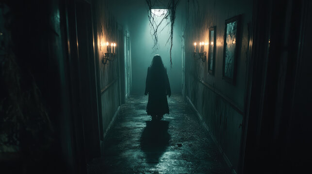 Scary ghost with a haunting visage and spectral glow, appearing in the reflection of a foggy, cracked mirror in a shadowy, old hallway.