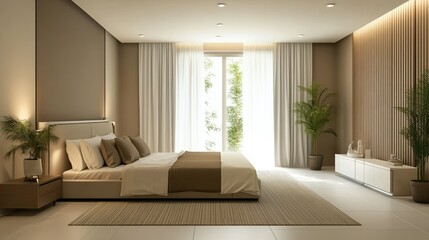 Fototapeta premium Modern bedroom with clean lines and neutral colors, no people, ample space for text
