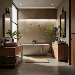 Modern bathroom with a freestanding bathtub, wooden vanity, and plants.