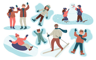 Fototapeta premium Winter season seamless pattern, people skiing, snowboarding, ice skating, making snow angel digital paper, winter activities scrapbook paper, snovy forest background, vector illustration clipart.