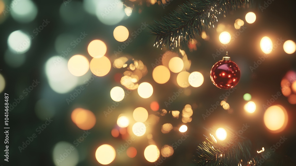 Poster close-up of a decorated christmas tree, focusing on shiny red and golden ornaments with blurred ligh