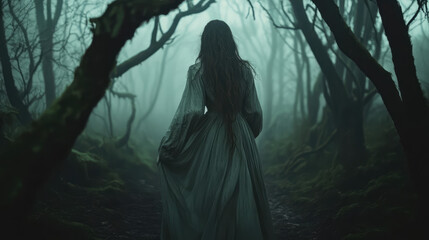A ghost girl standing in a dark, foggy forest with twisted trees and an unsettling atmosphere.