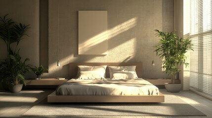 Modern bedroom with clean lines and neutral colors, no people, ample space for text