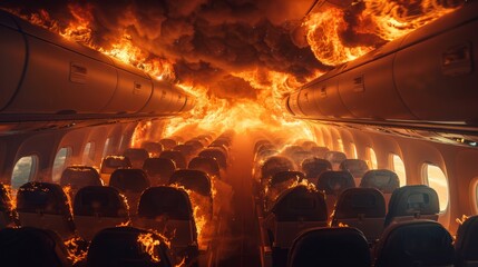 Passengers find themselves in a life-threatening situation as flames engulf the airplane cabin, creating an urgent call for help and escape