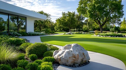 Tranquil Urban Garden Oasis with Lush Green Grass Large Decorative Rocks and Manicured Hedges Framed by Crisp White Walls for a Sleek Modern Look