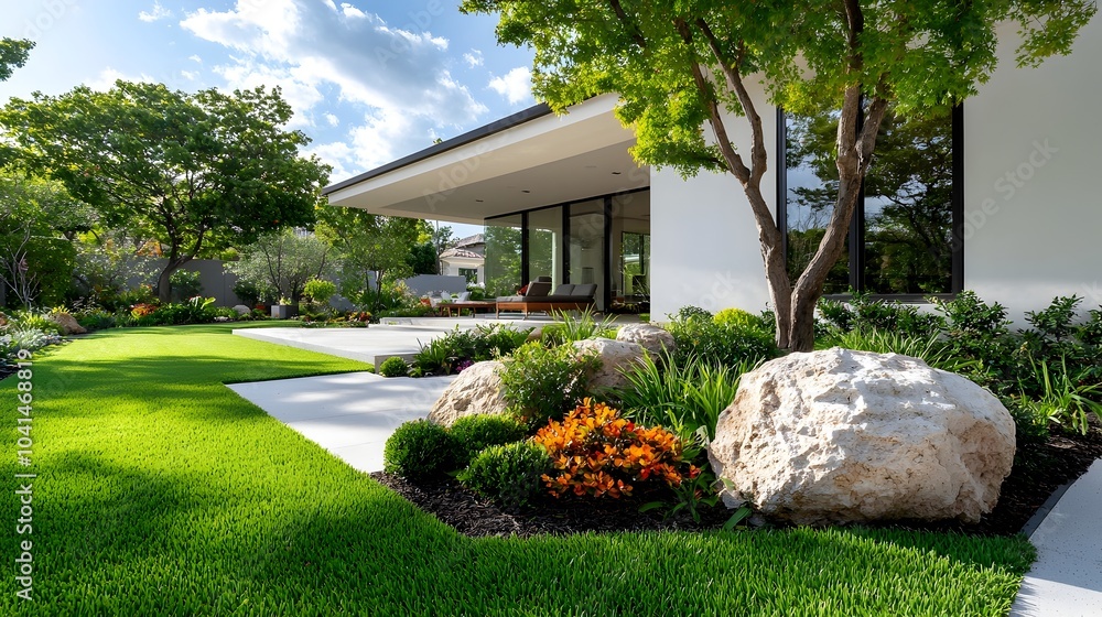 Poster minimalist urban garden setting with large rocks vibrant green grass and geometric hedges creating a