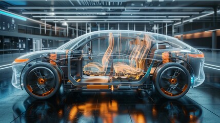 A striking electric vehicle reveals its transparent interior, highlighting advanced technology in a sleek exhibition area, blending art with automotive design