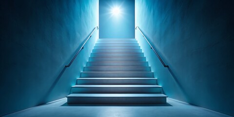 Minimalist Staircase Silhouette in Soft Blue Tones Leading to Bright White Light - Tranquil and Serene Atmosphere for Modern Interior Design or Spiritual Themes