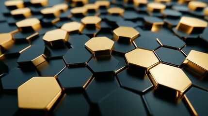 Obraz premium 3D rendering of a black and gold hexagonal background, close-up. Abstract futuristic wallpaper design, a business, technology concept.