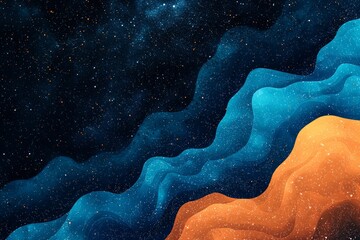 Fototapeta premium A minimalistic background with blue and orange wavy shapes, a starry sky, a grainy texture.