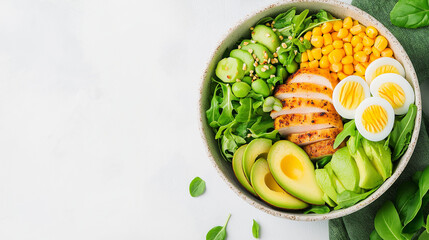 A bowl of salad with corn, chicken fillet and avocado slices, eggs cut into half in the left side, all mixed together, in an outdoor setting. The food is fresh looking, colorful and appetizing.