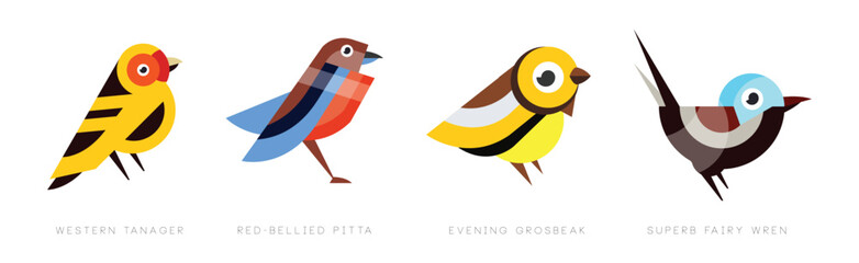 Different Bird Flat Icon with Name Vector Set