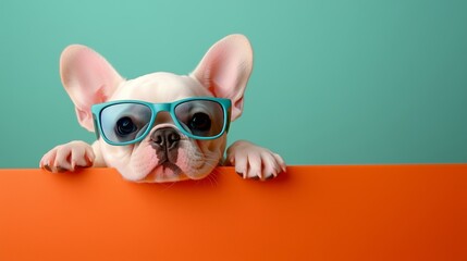 A cute French bulldog puppy peeking over the edge of an orange table, wearing teal sunglasses, against a solid color background.
