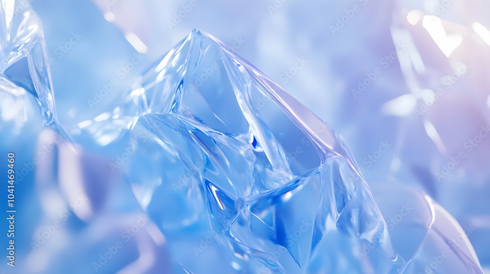 Poster abstract composition of blue and silver fluid-like glass shapes with a dynamic and reflective surfac