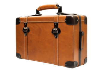Photo of leather brown suitcase .Transparent background. Isolated PNG.