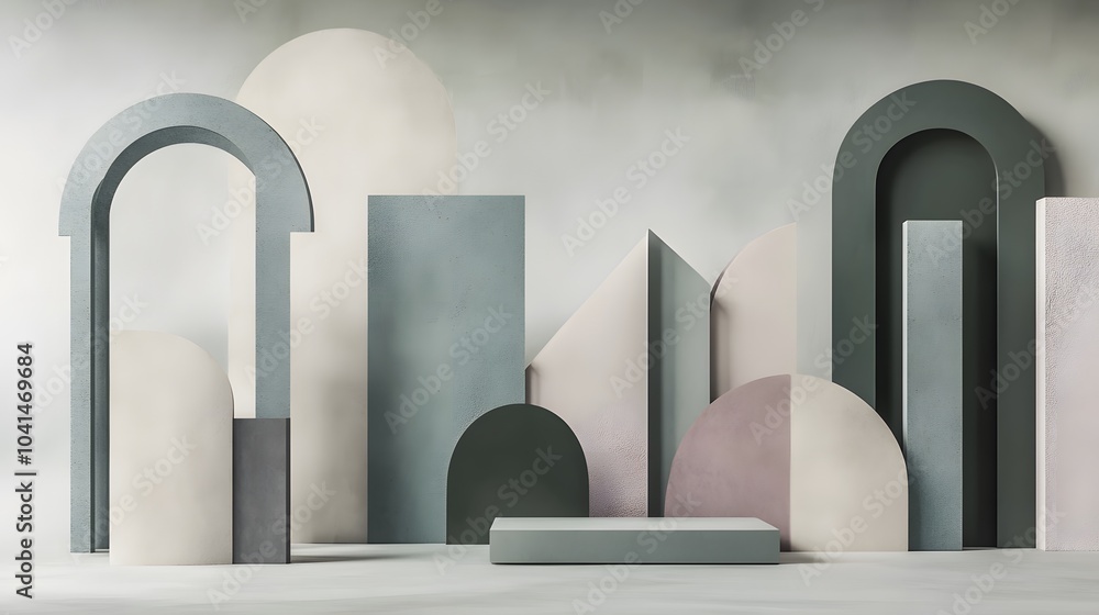 Poster minimalist arrangement of geometric shapes in muted greens and pinks, featuring arches and blocks, c