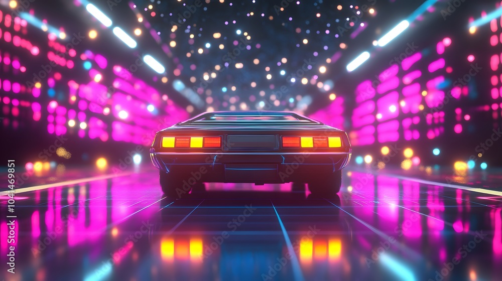 Poster a futuristic car speeding through a tunnel of neon lights, creating a dynamic, high-tech, cyberpunk 