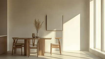 Modern dining room with clean lines and minimalist decor, no people, open space for copy text