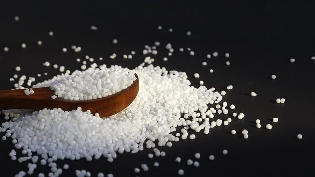 Sago or Sabudana Balls Falling on Wooden Spoon on Sago Heap Isolated on Blackground
