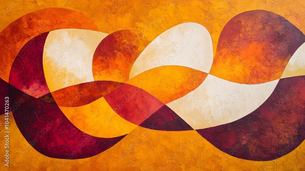 Poster abstract artwork featuring overlapping shapes in bold red, orange, and pink hues with rich textures,